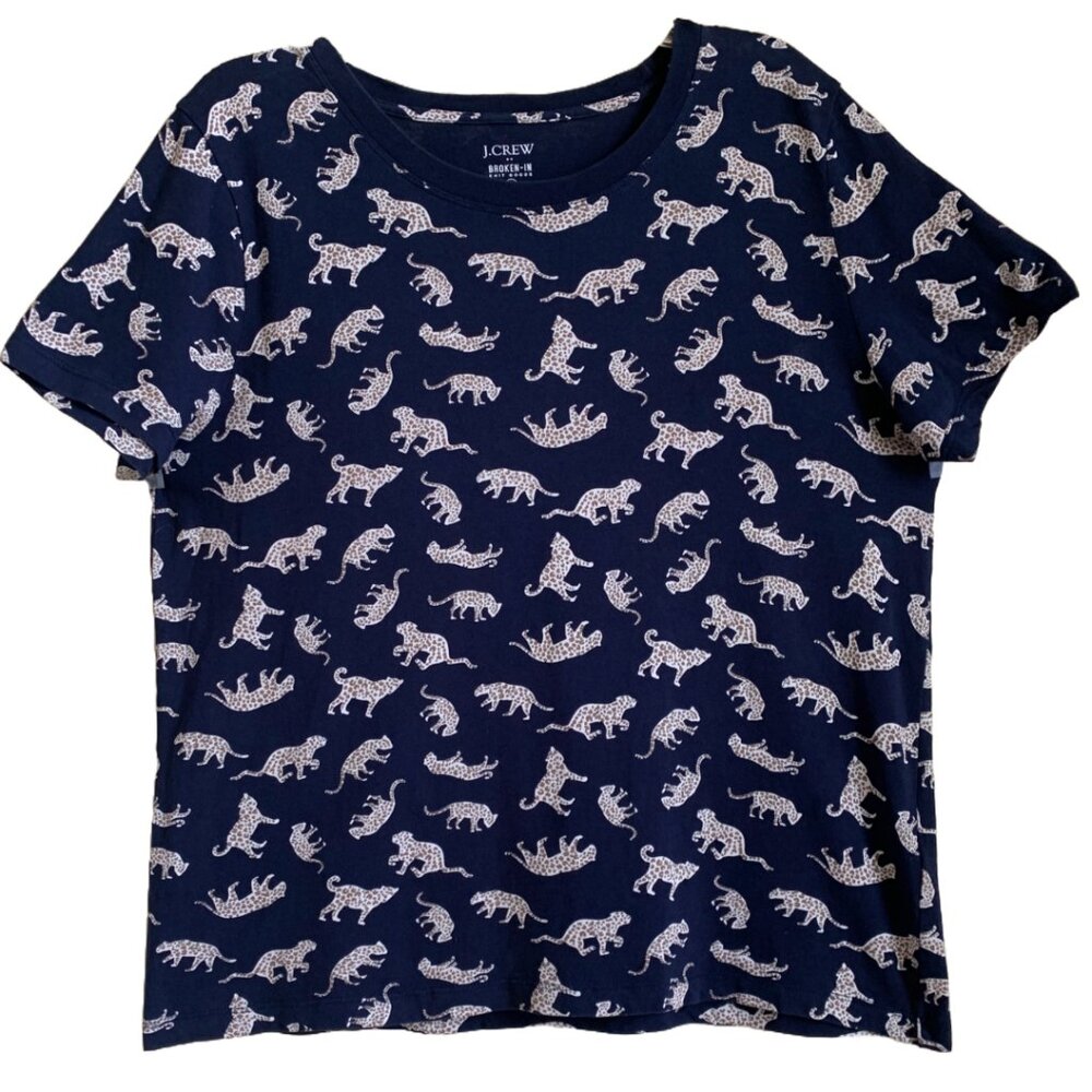 J. CREW FACTORY WOMENS' Navy Small Cheetah Print Broken-in Crewneck Tee Sz L